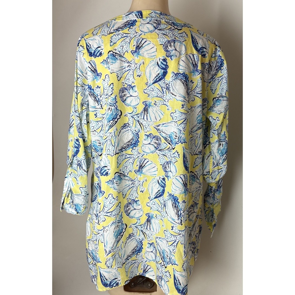 Talbots Seashell Print Top Womens Plus 1X Yellow Blue Lace Up Neck Coastal - Picture 5 of 11